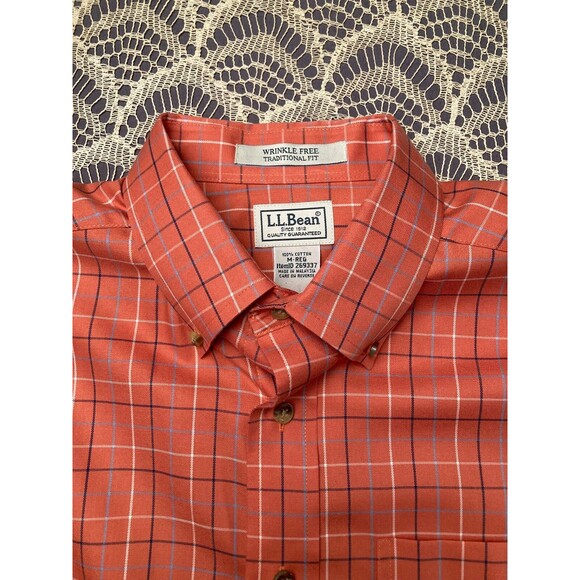 LL Bean Button Down Shirt Oxford Orange Plaid Long Sleeve Casual Size Medium - Picture 3 of 6
